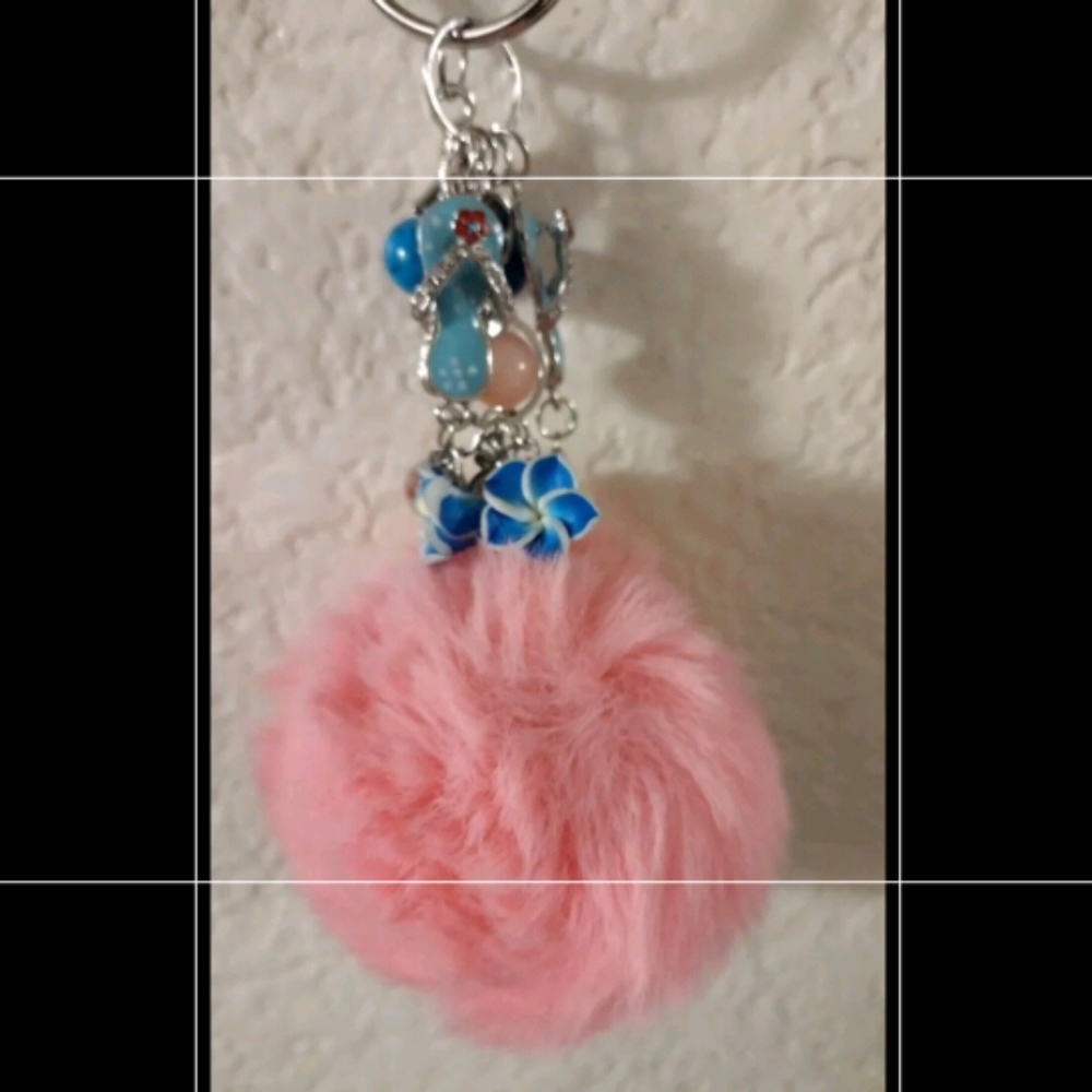 Pink Pom Pom Bag Charm-Keychain w/Hawaiian Theme Charms